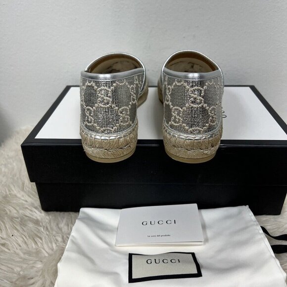 Gucci Espadrilles Heritage Logo Monogram Marmont GG Lame Silver Flat 38.5/39 - Picture 7 of 10